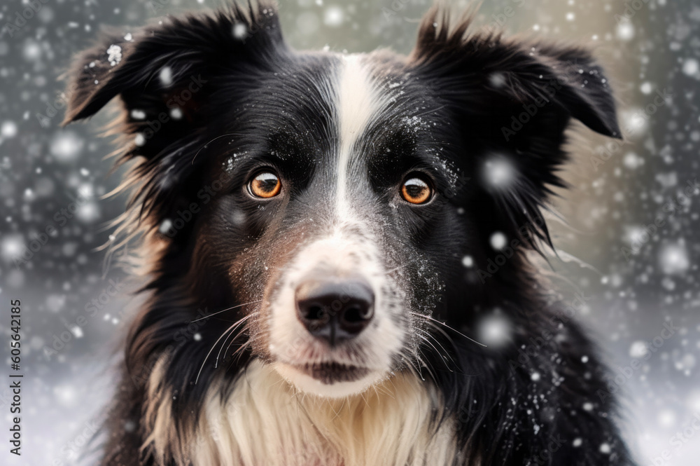 Portrait of a beautiful Border Collie in the snow created with Generative AI technology
