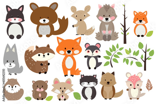 Fototapeta Naklejka Na Ścianę i Meble -  Woodland animal clipart collection, cute and colorful vector illustration