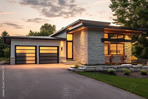 Contemporary Layout and Natural Stone Walls: A Minimalist New Build Home with Green Siding and Two-Car Garage, generative AI photo