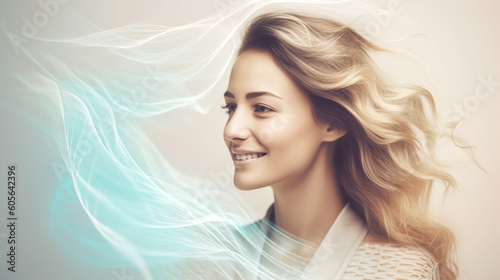 Portrait of smiling beautiful girl with long blond hair on light background. Generative AI. High quality illustration