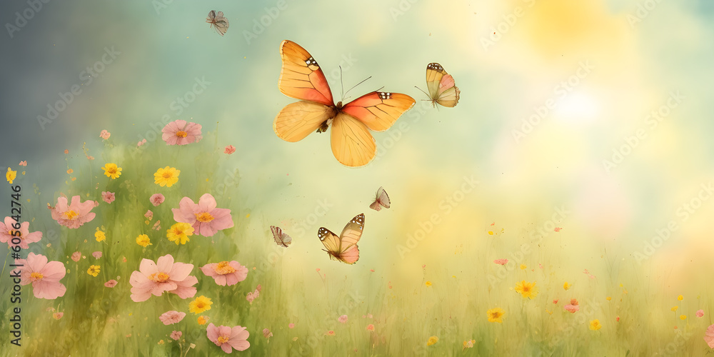 Drawing of a blooming meadow, flowers and butterflies, summer, ai generated Drawing of a blooming meadow, flowers and butterflies, summer, ai generated