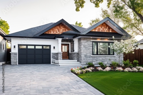 Cutting-Edge Features Define this Progressive Brand New House with Single-Car Garage and Elegant White Siding, Enhanced by the Natural Stone Cladding, generative AI © Michael