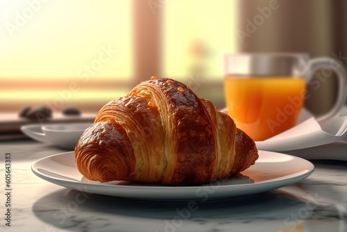Delicious breakfast with fresh croissants and coffee. Generative AI