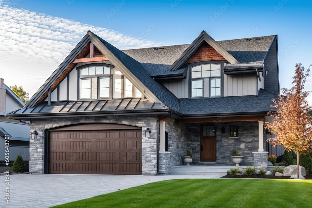 Cutting-Edge Features in a Progressive New House with Single Car Garage, Light Blue Siding, and Natural Stone Cladding, generative AI Cutting-Edge Features in a Progressive New House with Single Car Garage, Light Blue Siding, and Natural Stone Cladding, generative AI