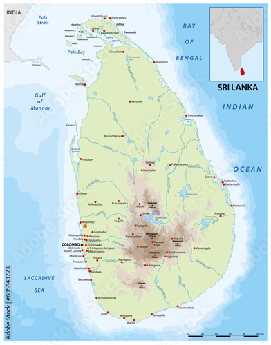 Vector color map of Sri Lanka country with important cities