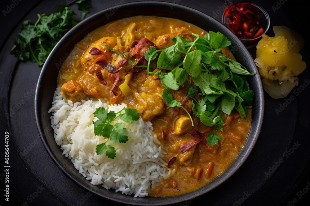 Indian chicken curry recipe served in a black plate. Ai generated