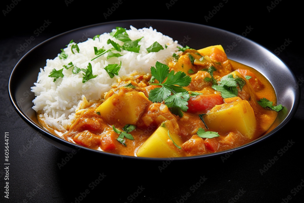 Indian chicken curry recipe served in a black plate. Ai generated Indian chicken curry recipe served in a black plate. Ai generated