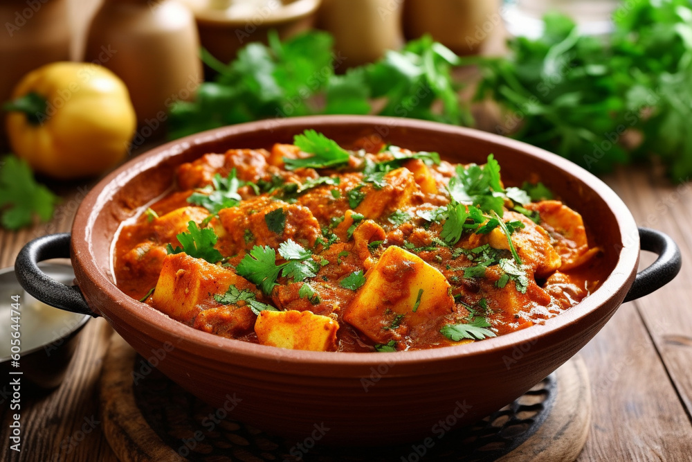 Indian chicken curry recipe served in a black plate. Ai generated Indian chicken curry recipe served in a black plate. Ai generated