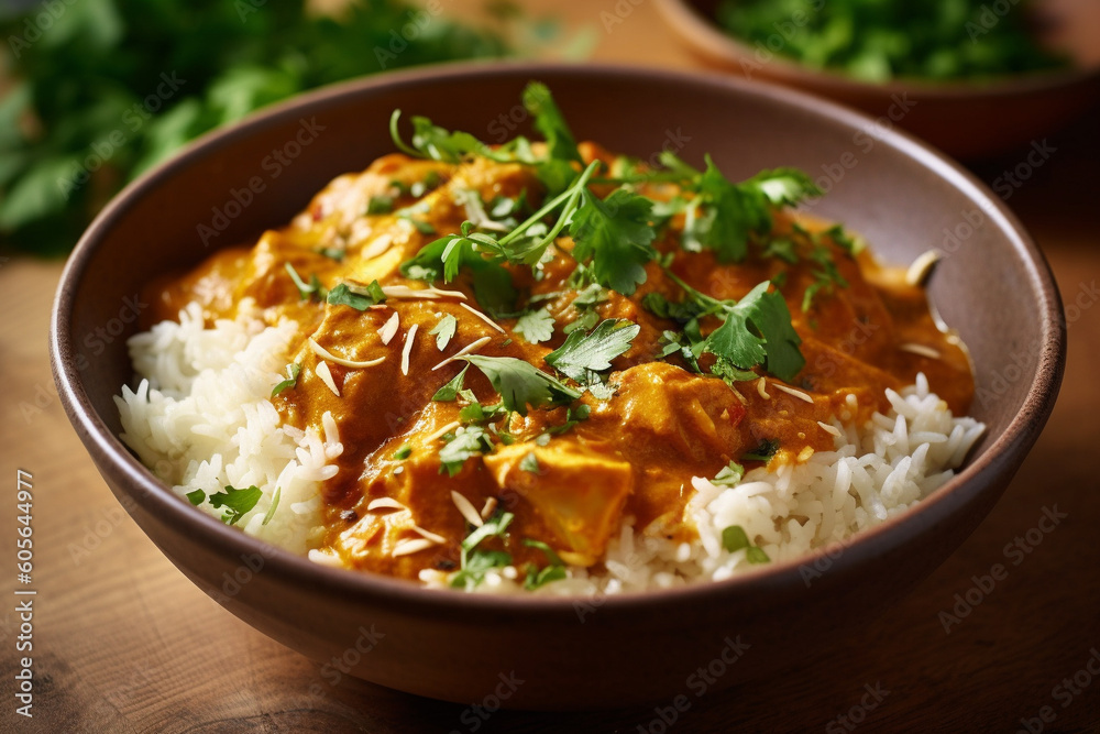 Indian chicken curry recipe served in a black plate. Ai generated Indian chicken curry recipe served in a black plate. Ai generated