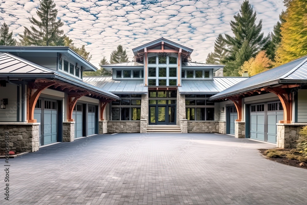 Avant-Garde Spacious Property with Natural Stone Pillars, Light Blue Siding, and Three-Car Garage, generative AI