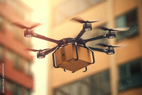 Drone in action, delivering a package with efficiency and precision. Ai generated