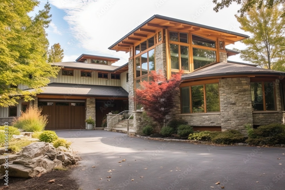 Avant-Garde Design and Spacious Architecture: A Recently Constructed Property with a Three-Car Garage, Coral Siding, and Natural Stone Pillars, generative AI