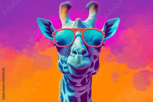 Stylish giraffe wearing a pair of trendy sunglasses. With its bold colors and playful vibes, this artwork radiates a sense of fun. Ai generated © twindesigner