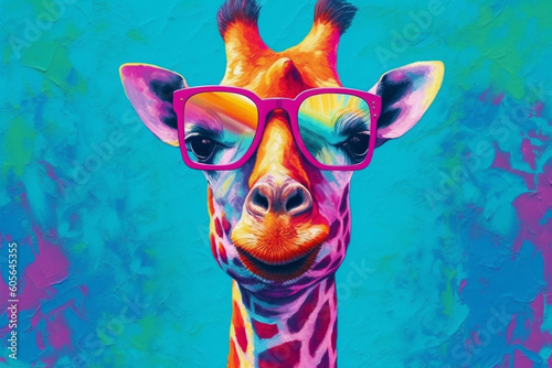Stylish giraffe wearing a pair of trendy sunglasses. With its bold colors and playful vibes, this artwork radiates a sense of fun. Ai generated