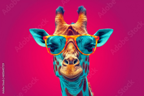 Stylish giraffe wearing a pair of trendy sunglasses. With its bold colors and playful vibes, this artwork radiates a sense of fun. Ai generated