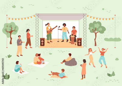 Band playing on stage in summer park. People relax on plaids, listen to music, girls dance. Rock festival, outdoor leisure weekend. Vector illustration. Trees and light bulbs.