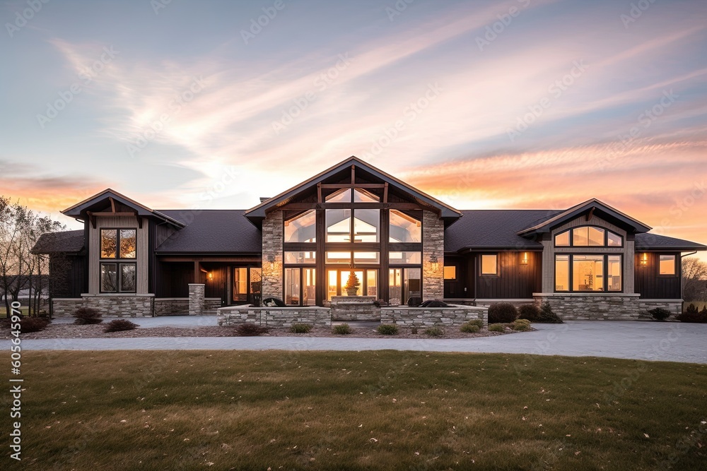 Avant-Garde Design Meets Spacious Living: Newly Built Property with Three-Car Garage, Burgundy Siding, and Striking Natural Stone Pillars, generative AI Avant-Garde Design Meets Spacious Living: Newly Built Property with Three-Car Garage, Burgundy Siding, and Striking Natural Stone Pillars, generative AI