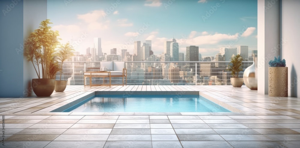 Swimming pool against view of the city from the terrace of a modern house, generative Ai
