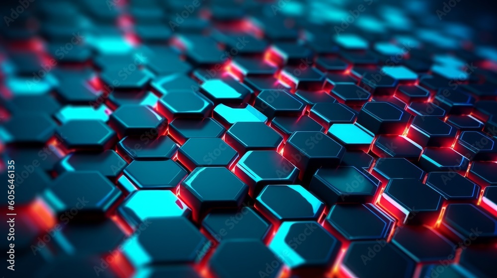 Obraz premium 3D rendering of abstract background with hexagons in blue and red colors, generative Ai