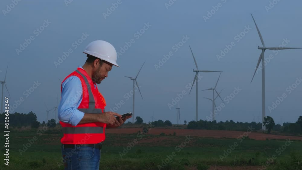 while standing at the wind turbine, monitoring its performance and maintenance data. a 42-year-old man while standing at the wind turbine, monitoring its performance and maintenance data. a 42-year-old man