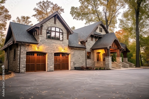 Avant-Garde Design and Spacious Living in a Stunning Newly Built Home with Three-Car Garage, White Siding, and Natural Stone Pillars, generative AI