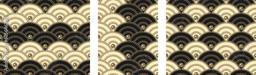 Set of traditional asian wave patterns. Japanese, chinese, korean wavy ornament with realistic golden chains, beads. Geometric fan shaped grid. For packaging, fabric, textile, surface design