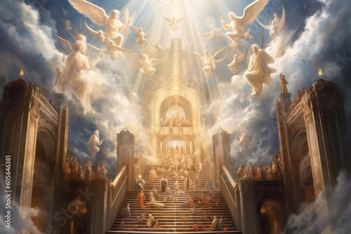 Illustration that depicts a celestial concept of heaven representing the embodiment of God's grace and love. Ai generated