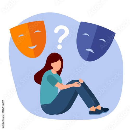 Faceless woman with good and bad mood face mask in flat design. Bipolar disorder.