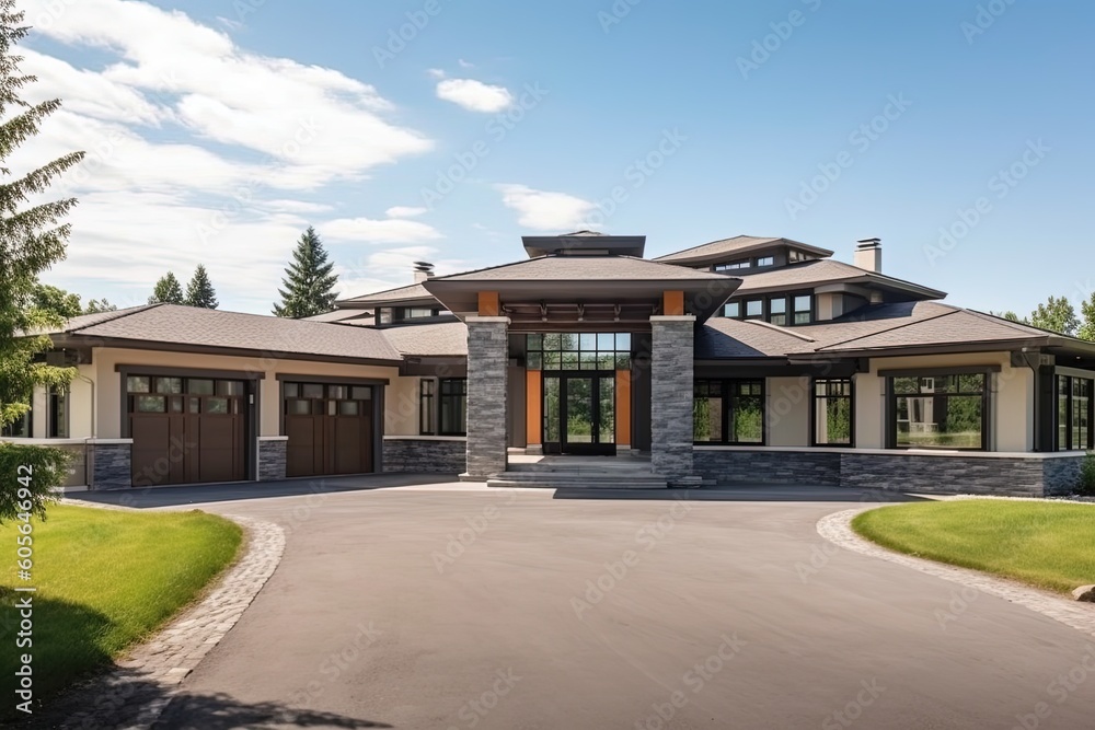 Avant-Garde Design with Spacious Three-Car Garage and Natural Stone Pillars in Gray-Sided Property, generative AI