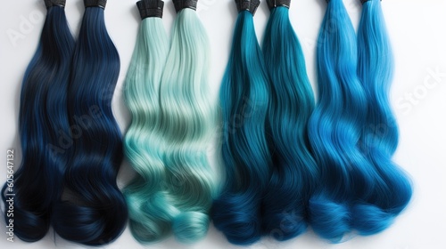 A selection of various shades of blue hair extensions on white background