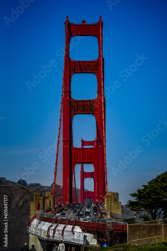 Vertical shot of the Golden Gate Bridge with busy traffic