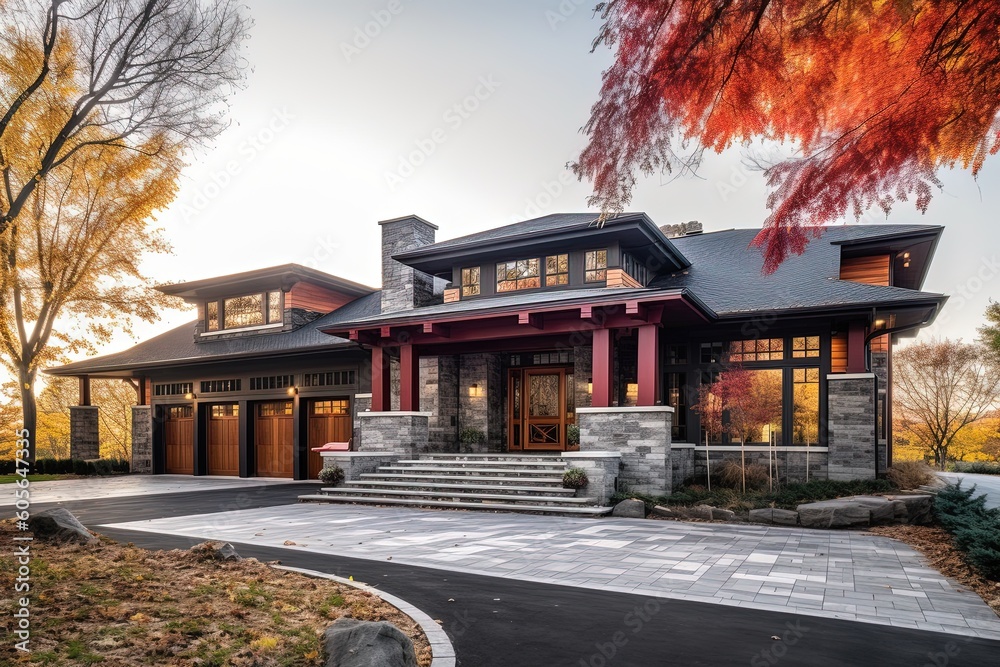 Avant-Garde Design and Spacious Three-Car Garage Highlight Recently Constructed Property with Burgundy Siding and Natural Stone Pillars, generative AI Avant-Garde Design and Spacious Three-Car Garage Highlight Recently Constructed Property with Burgundy Siding and Natural Stone Pillars, generative AI