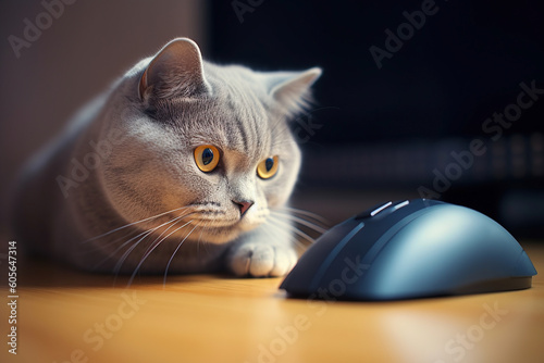 Close-up image of a British shorthair cat lurking at the computer mouse.
