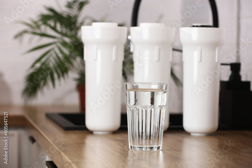 Glass of clean drinkable water and set of filter cartridges on wooden table top in a kitchen, houseplant. Installation of reverse osmosis water purification system. Concept household filtration system photo