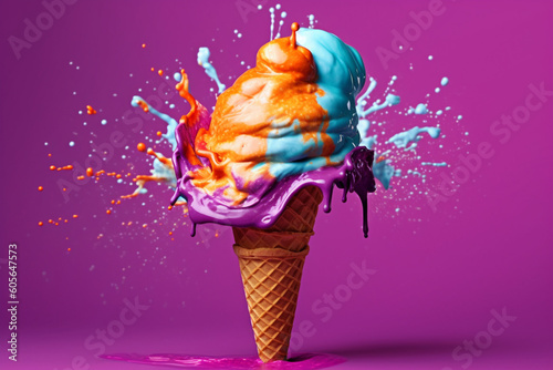 Illustration showcasing an ice cream cone with vibrant colors  melting into a creative splash. Ai generated