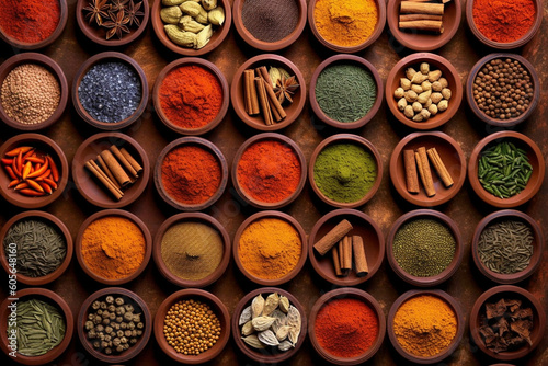 Indian set of Indian spices arranged in clay ceramics, viewed from above. Ai generated