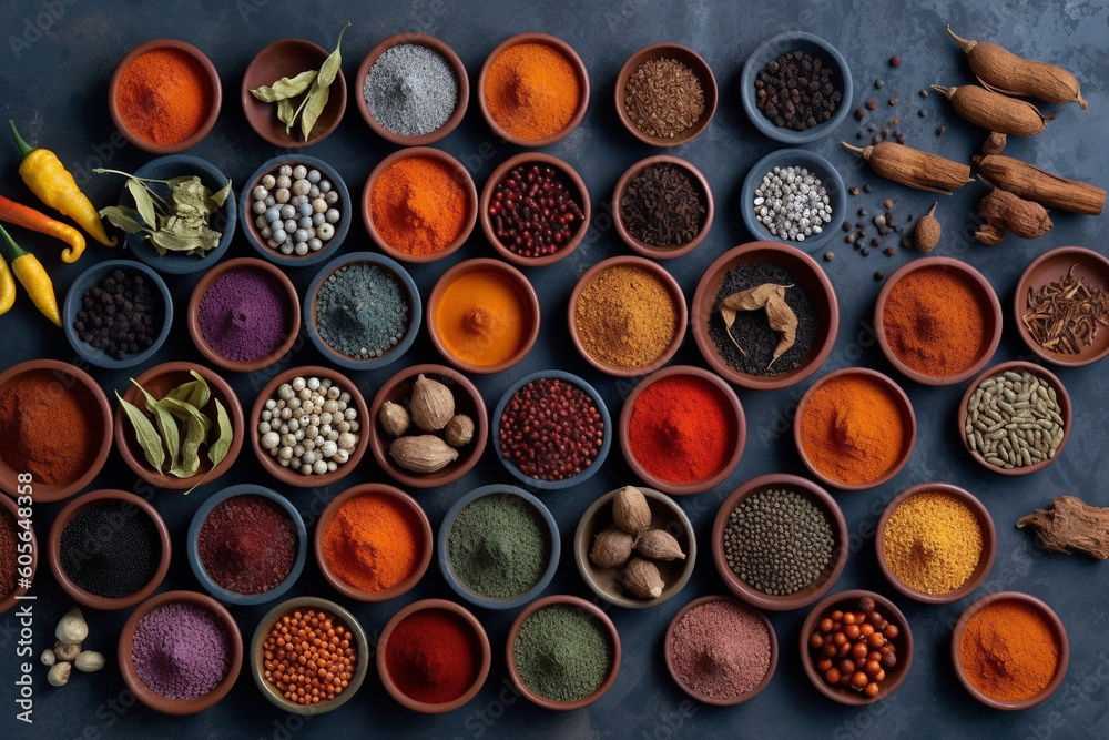 Indian set of Indian spices arranged in clay ceramics, viewed from above. Ai generated Indian set of Indian spices arranged in clay ceramics, viewed from above. Ai generated