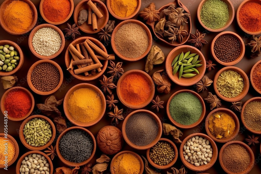 Indian set of Indian spices arranged in clay ceramics, viewed from above. Ai generated Indian set of Indian spices arranged in clay ceramics, viewed from above. Ai generated