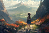 Little girl in the mountains. The girl is standing on the path, Japan cartoon illustration style, generative Ai