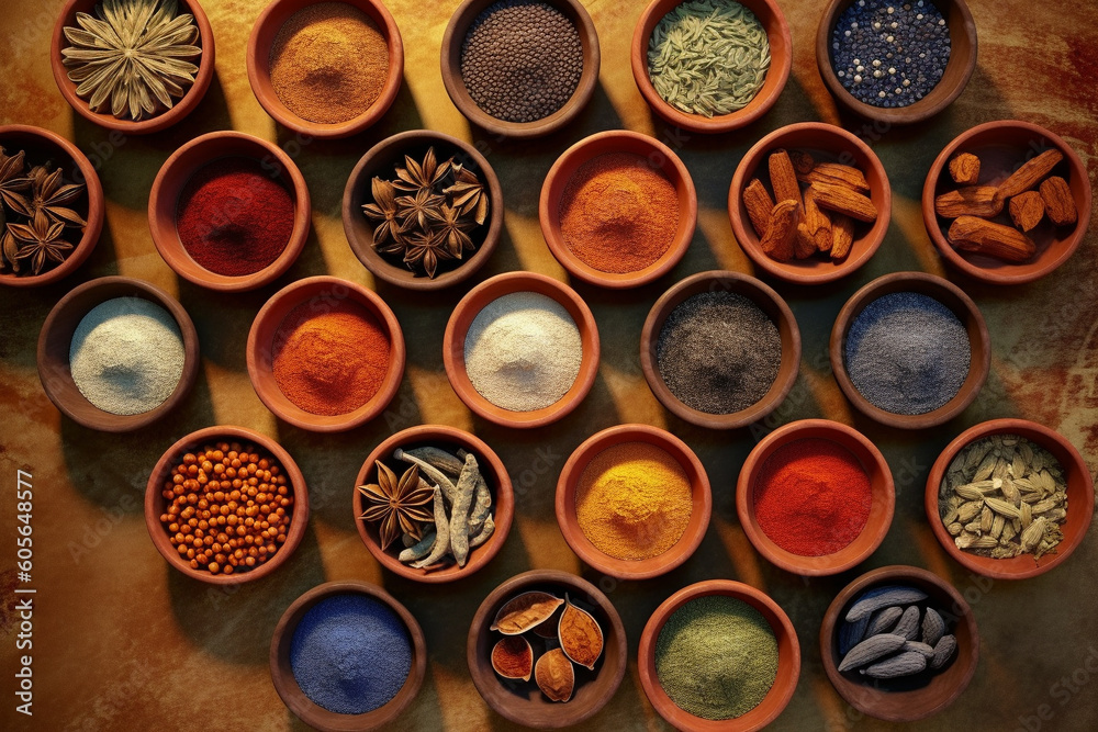 Indian set of Indian spices arranged in clay ceramics, viewed from above. Ai generated Indian set of Indian spices arranged in clay ceramics, viewed from above. Ai generated
