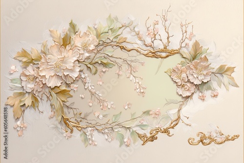 Decorative floral frame with flowers and leaves on a beige background  generative Ai