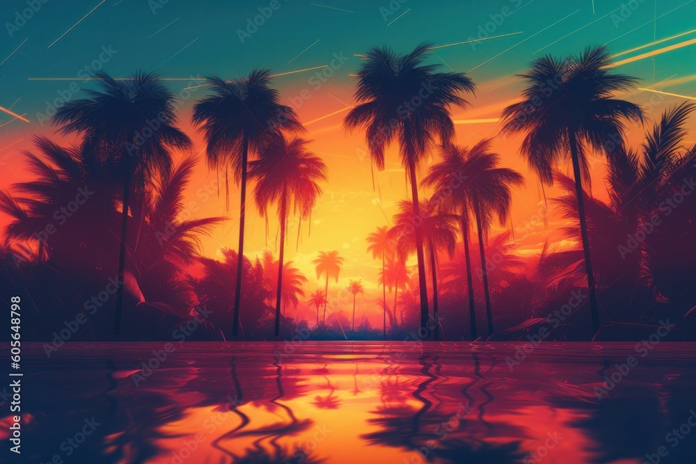 Tropical sunset with palm trees on the beach. 3D rendering, generative Ai