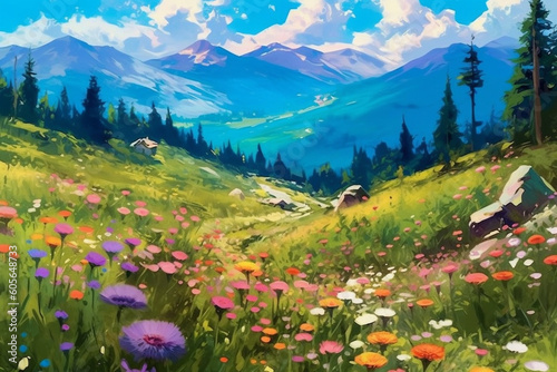 Beauty of the Alps with breathtaking illustration capturing a magnificent meadow with flowers and mountain landscape. Ai generated © twindesigner