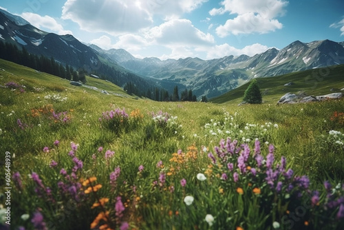 Beauty of the Alps with breathtaking illustration capturing a magnificent meadow with flowers and mountain landscape. Ai generated