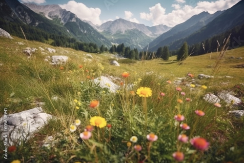 Beauty of the Alps with breathtaking illustration capturing a magnificent meadow with flowers and mountain landscape. Ai generated