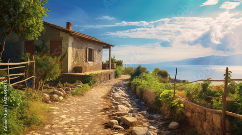 coastal Italian landscape with a house - by generative ai
