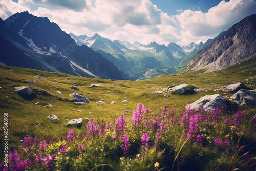 Beauty of the Alps with breathtaking illustration capturing a magnificent meadow with flowers and mountain landscape. Ai generated