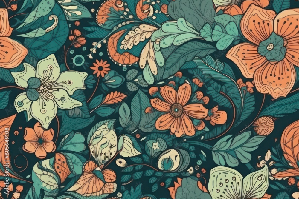 Fototapeta premium Seamless pattern with flowers and leaves. Floral background, generative Ai