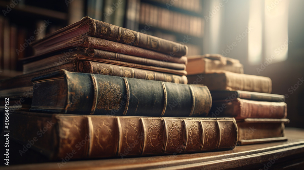 A stack of beautiful books on the table. Generative AI A stack of beautiful books on the table. Generative AI