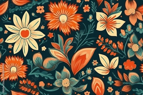 Seamless pattern with flowers and leaves. Hand-drawn illustration, generative Ai